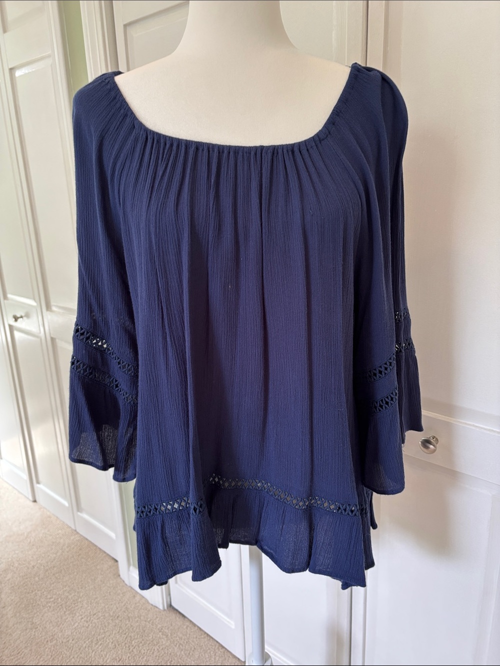 new directions Navy Gauze Peasant Top with Crochet Trim